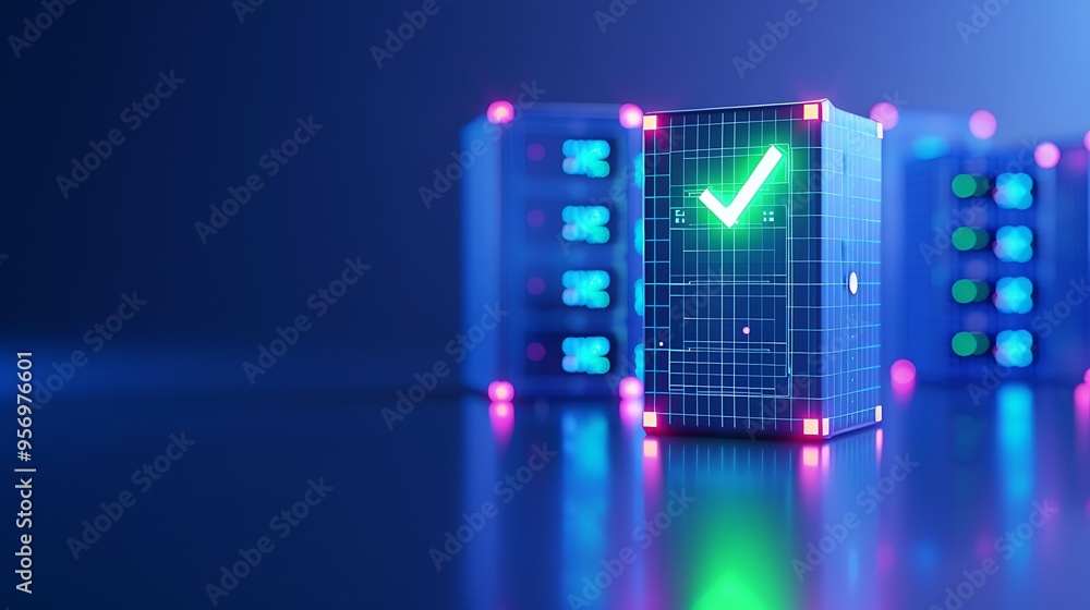 Poster modern server room with glowing checkmark symbol. concept for data storage, cyber security, and tech