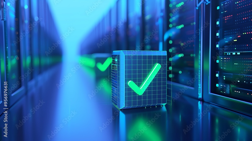 Poster modern server room with glowing checkmarks on data blocks, symbolizing efficient and secure data pro