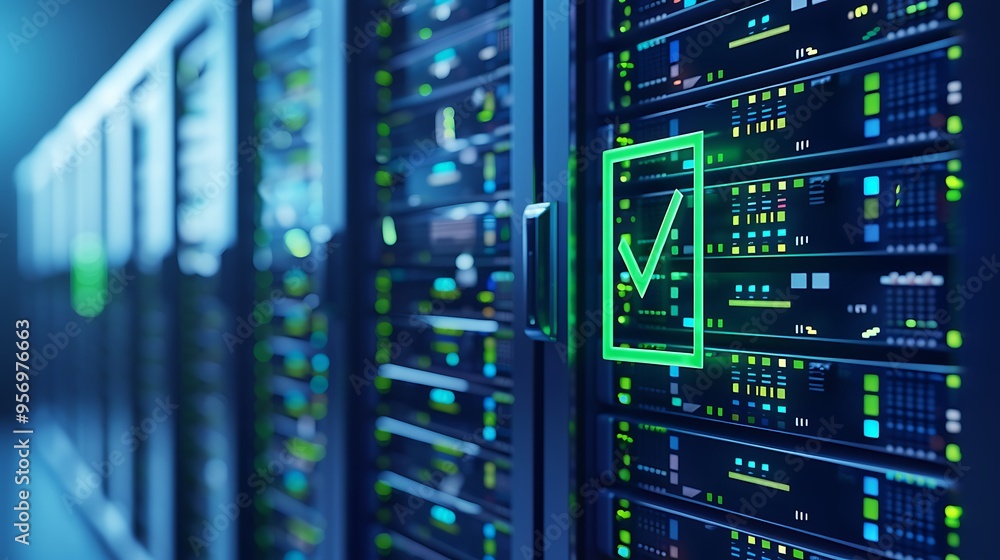 Poster modern server room with racks of network servers, illuminated lights, and a glowing checkmark indica