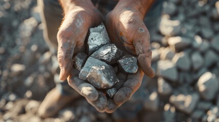 Hands holding raw silver ore, with other rough rocks in the background, hinting at mining and natural resources.
