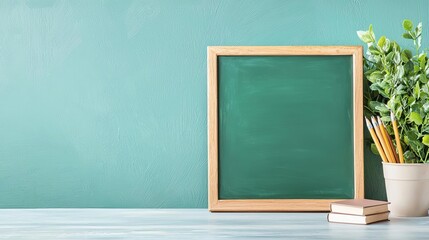 Freestanding green blackboard with vintage style frame, ready for customizable content, green blackboard signage, market, mock-up