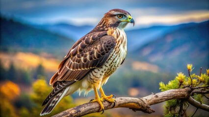Majestic hawk perched on branch, sharp eyes scanning the landscape, feathers rustling in the wind, talons grasping firmly, a symbol of power and freedom.