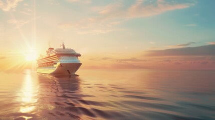 Obraz premium A cruise ship majestically floats on calm waters at sunset, with the golden sun highlighting its grandeur and inviting romantic reflections on the ocean's surface.