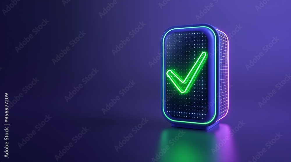 Poster neon checkmark glowing in the dark. futuristic design concept with a neon light effect. perfect for 