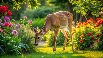 A serene whitetail deer grazes peacefully in a lush green backyard surrounded by blooming flowers and dense foliage on a warm sunny afternoon.
