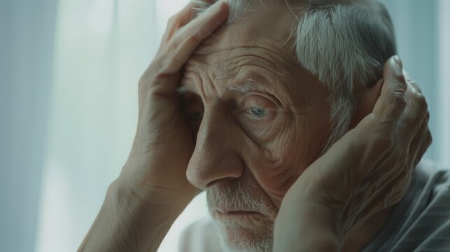 An elderly man with a solemn expression, his hands on his head, conveying a deep emotional moment.
