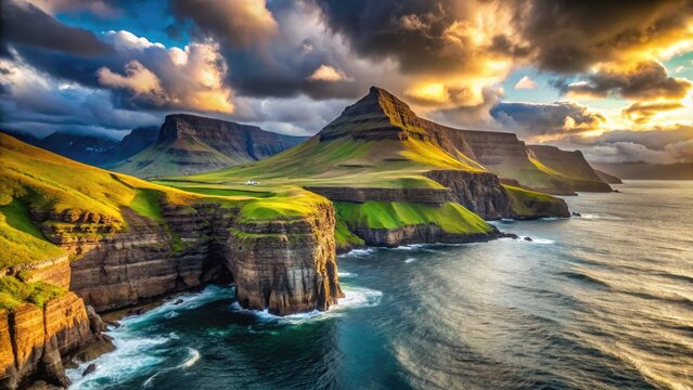 Majestic rugged coastline of the Faroe Islands, with steep cliffs, crashing waves, and lush green hillsides, under a dramatic cloudy sky with sunbreaks.