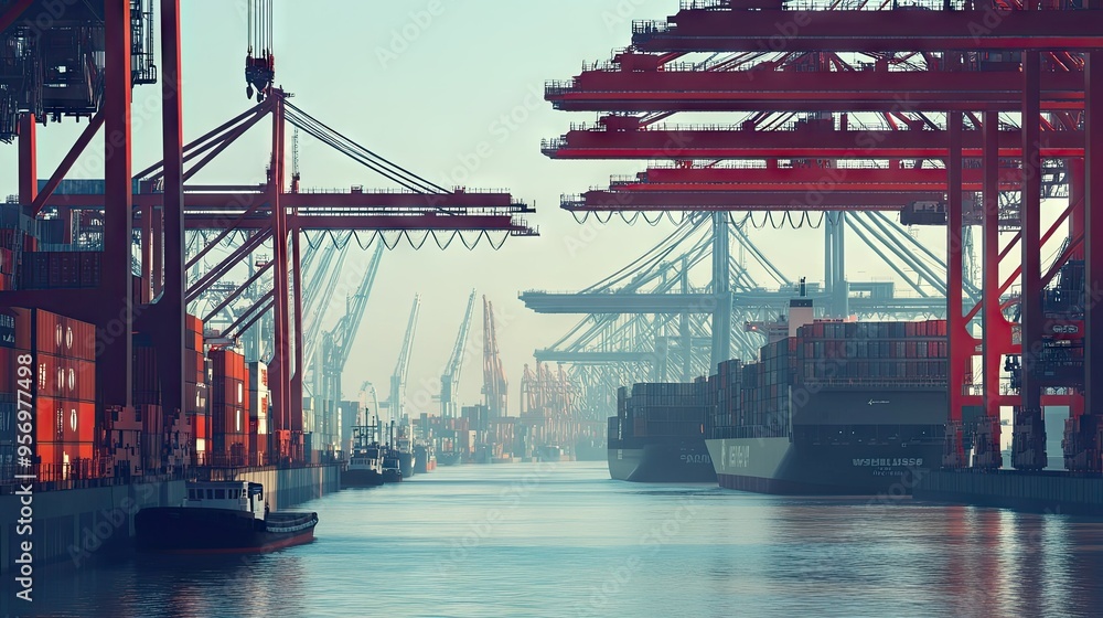 Poster view of a busy sea port with large cranes unloading cargo from container ships. highlights logistics