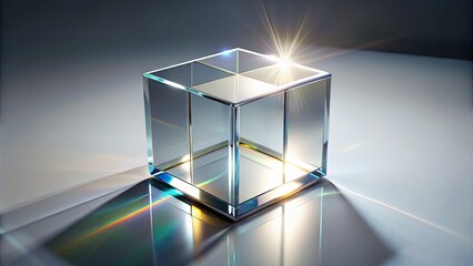 Sleek, transparent 3D glass cube with rounded edges and refracted light effects, isolated on a white background, projecting modernity and sophistication.