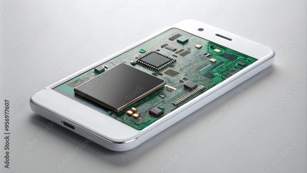 Poster sleek white smartphone with circuit board exposed, showcasing internal components and tiny processor