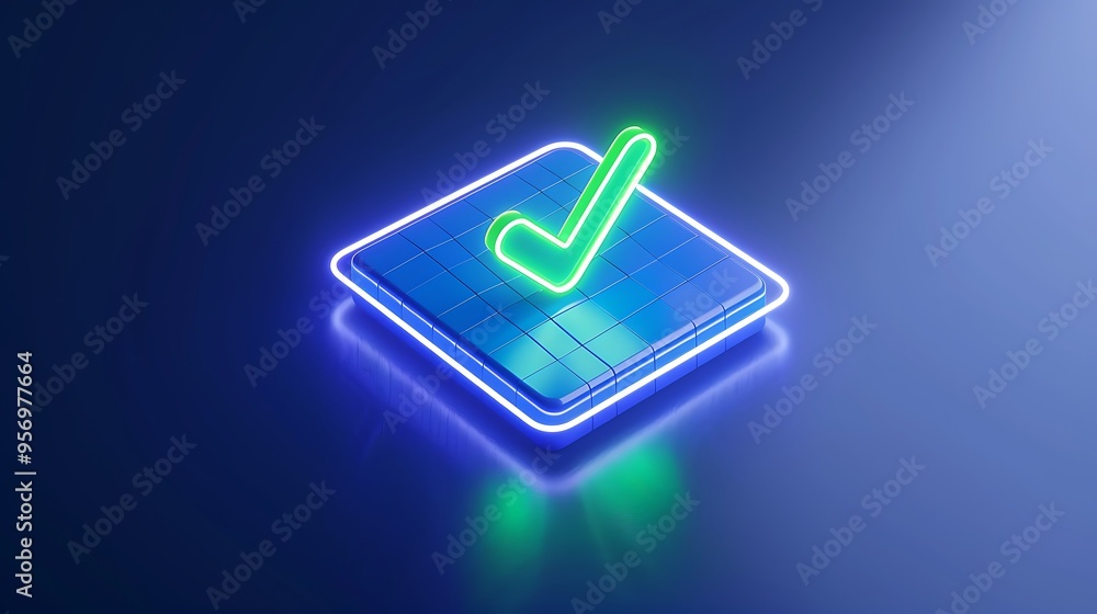 Poster neon checkmark on a digital pad with a blue background, representing approval, validation, or confir