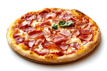 Isolated crispy pizza crust topped with melted mozzarella, tangy tomato sauce, and savory pepperoni slices