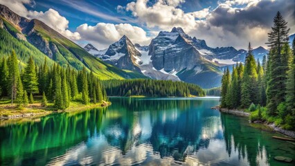 Majestic snow-capped peaks rise above a serene alpine lake, surrounded by lush green forest, in a breathtaking mountain landscape perfect for trekking adventures.