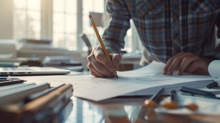 An individual, dressed casually, is intensely working on architectural sketches in a bright, sunlit workspace filled with tools and papers.