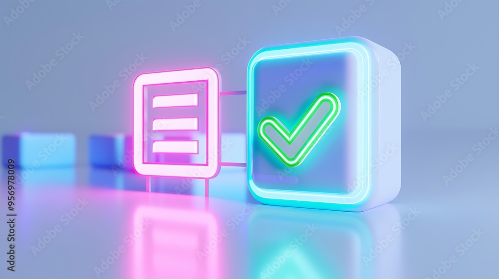 Poster neon glowing checkmark and document icons on blue gradient background representing approval and docu
