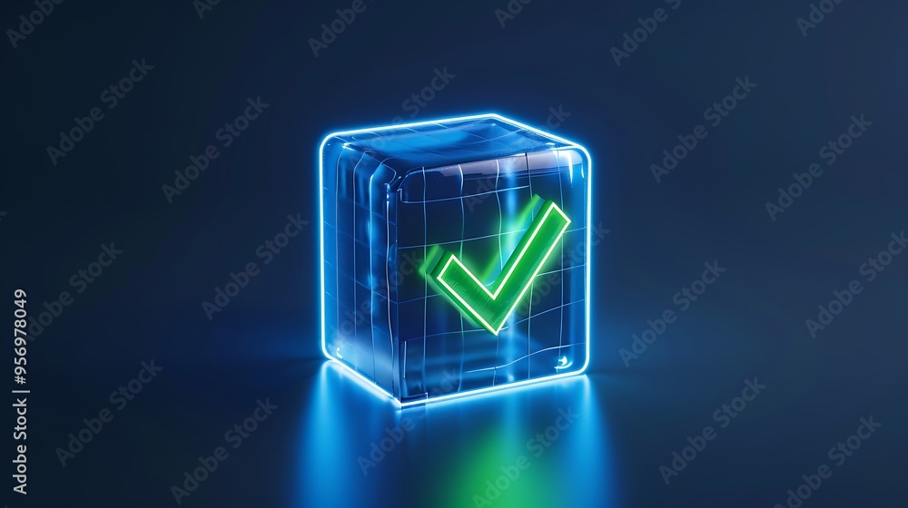 Poster neon glowing checkmark inside a transparent cube, symbolizing confirmation, success, and validation 