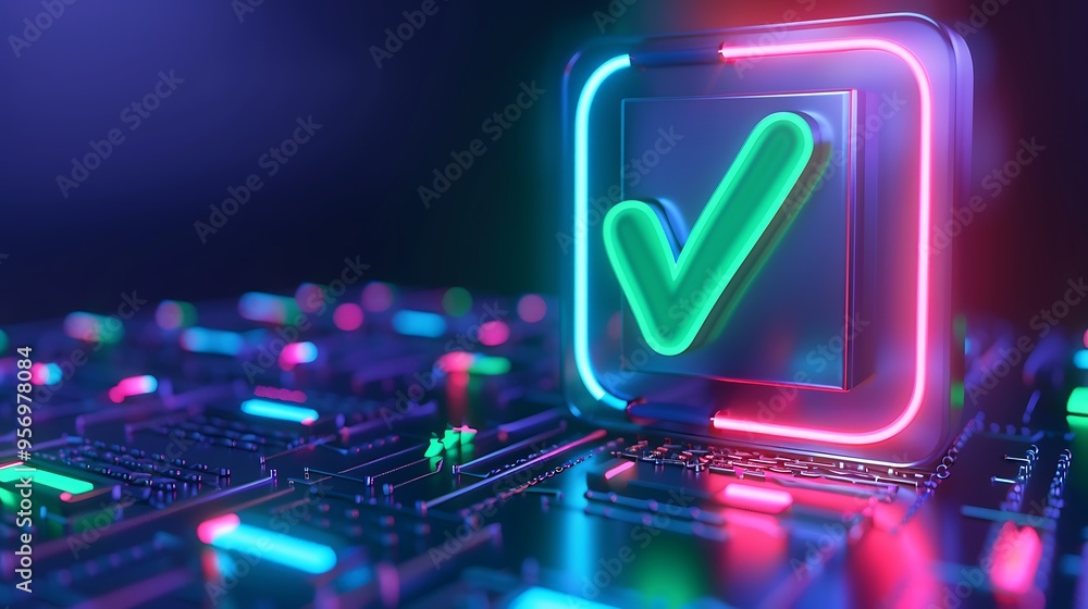 Poster neon glowing checkmark on a futuristic circuit board symbolizing technology, verification, and digit