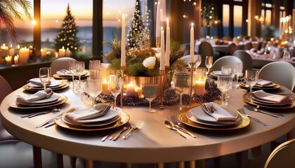 Holiday Table Settings
Elegant Dinner Tables: Beautifully set tables with candles, fine china, and festive centerpieces.