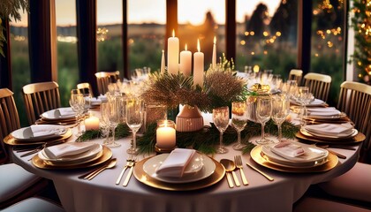 Holiday Table Settings
Elegant Dinner Tables: Beautifully set tables with candles, fine china, and festive centerpieces.