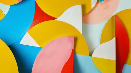 Overlapping arcs and circular segments in bright yellow, blue, pink, white, and red create a cheerful and dynamic abstract artwork.