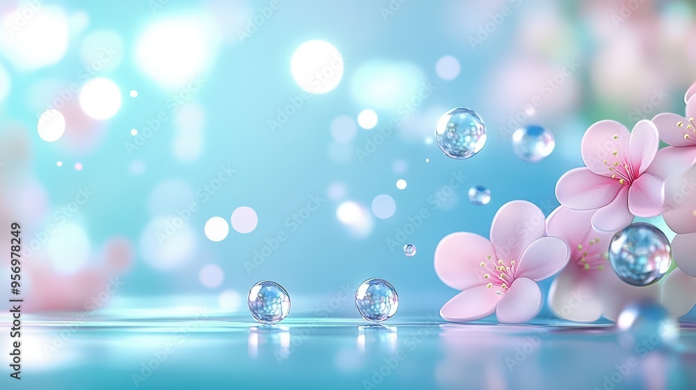 Poster delicate pink flowers with sparkling dew on a soft blue background, creating a serene and refreshing