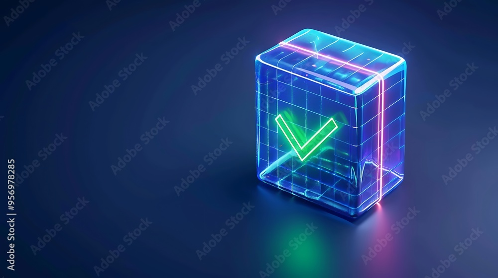 Poster neon green check mark inside transparent cube with digital grid on dark background, symbolizing appr