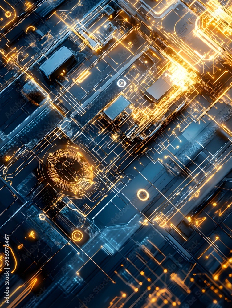 Poster abstract circuit board with glowing lines.