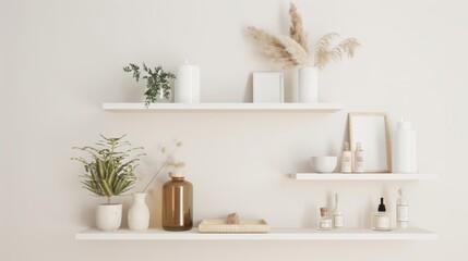 Minimalist white shelves adorned with greenery, pampas grass, candles, and chic decor for a cozy and elegant aesthetic.