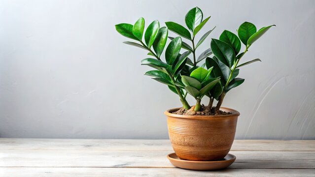 A single, exotic zamioculcas plant with shiny, dark green, waxy leaves sprouts from a small, rustic ceramic pot on a white background in soft, natural light.