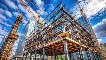 Massive steel beam supported by temporary scaffolding rises towards the sky, forming the skeletal framework of a modern high-rise building under construction.