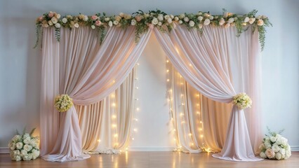 Soft-focus photograph of illuminated by soft lighting from behind, in pastel hues of pink and lavender, creating a romantic and intimate atmosphere with a classic stage setup