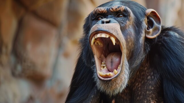 A fierce chimpanzee with an open mouth, baring its teeth and screaming, set against a rocky backdrop.