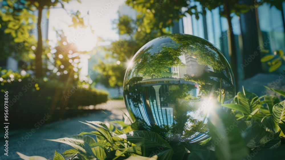 Wall mural A glass orb reflecting vibrant, sunlit foliage and modern architecture in a lush urban garden setting.