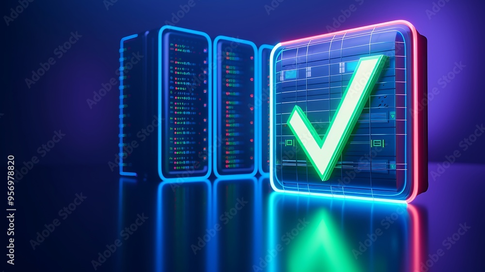 Poster neon server checkmark symbolizing data processing, cybersecurity, and digital verification. futurist