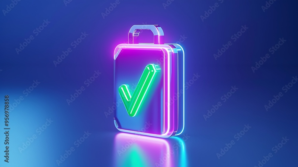 Poster neon suitcase icon with a green check mark on a blue background symbolizing travel approval and veri