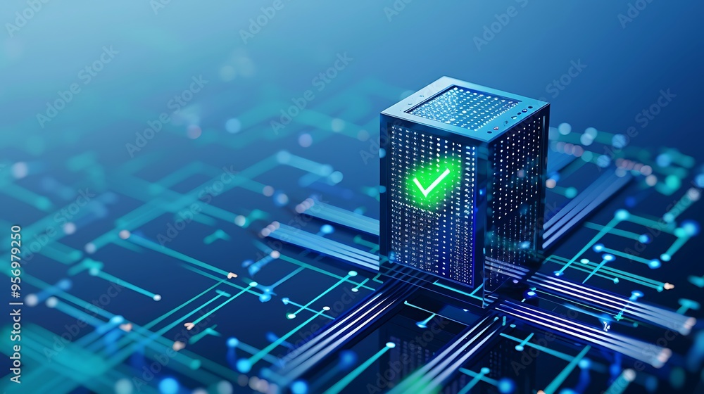Poster secure digital circuit with a green check mark indicating safety, representing cybersecurity and dat