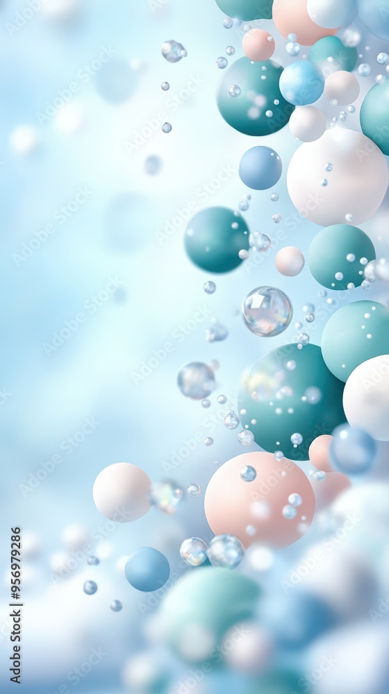 Poster soft pastel bubbles float in a dreamy, ethereal environment, creating a serene and calming atmospher
