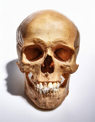 Fototapeta premium A Human Skull with broken teeth shadow on a white isolated background. Illustration, halloween, horror, scary, death concept.