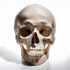 Obraz premium A Human Skull with broken teeth shadow on a white isolated background. Illustration, halloween, horror, scary, death concept.