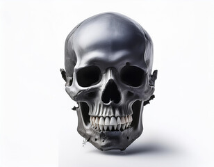Fototapeta premium A Human Skull with broken teeth shadow on a white isolated background. Illustration, halloween, horror, scary, death concept.