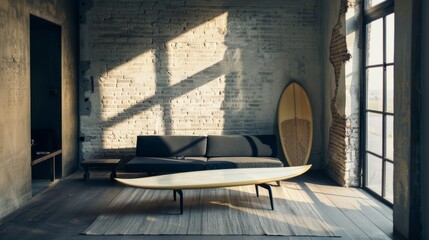 A bright loft with tall windows, minimalistic decor, and a surfboard propped against a weathered brick wall, evoking a relaxed, beach-inspired vibe.