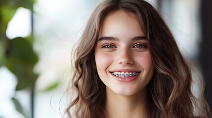 Obraz premium A beautiful young woman with braces, smiling brightly as she undergoes orthodontic treatment.