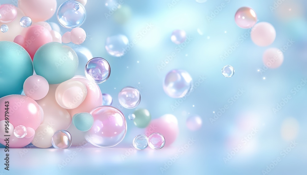Poster soft pastel bubbles floating in a dreamy background create a whimsical and serene atmosphere perfect