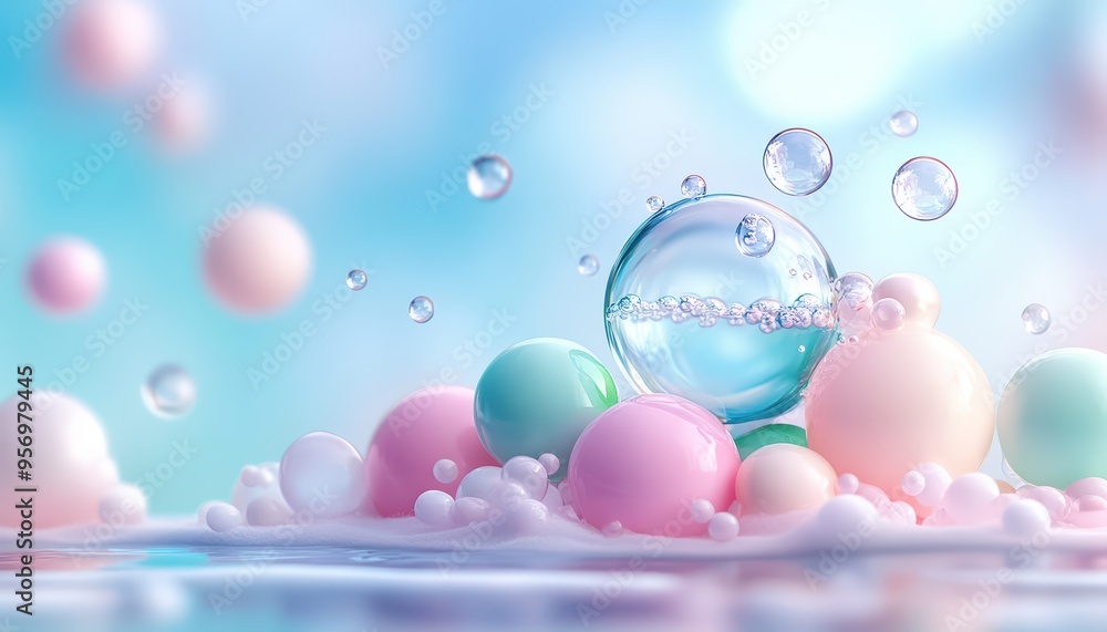 Poster soft pastel bubbles float in water, creating a serene and dreamy atmosphere. perfect for backgrounds