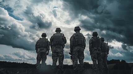 Fototapeta premium Five soldiers standing in a field under dramatic, stormy skies, exuding a sense of vigilance, readiness, and solidarity in the face of impending challenges.
