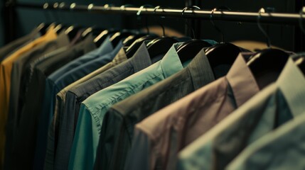A row of neatly hung shirts, arranged by color, evoking a sense of order and organization within a softly lit wardrobe.
