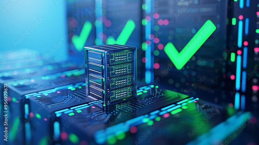 Poster server racks in a data center with green check marks indicating successful operations. concept of se