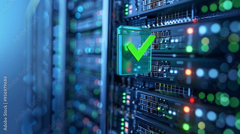 Poster server racks with green check mark, representing data security in a modern data center environment.