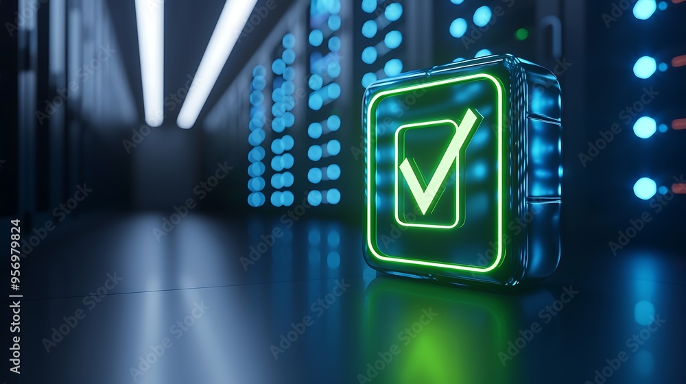 Poster server room with neon green checkmark sign symbolizing system integrity, data verification, and cybe