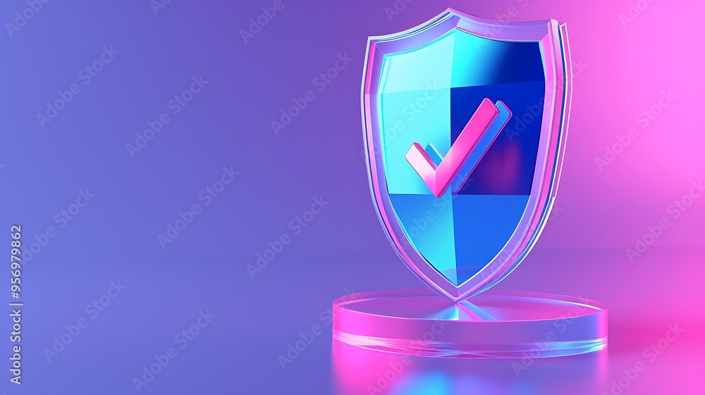 Poster stylized digital shield with check mark icon on vibrant gradient background, representing security, 